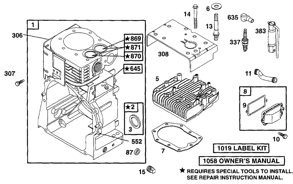 Cylinder, Head Diagram and Parts List for 222417-0151-XX  Briggs and Stratton Engine